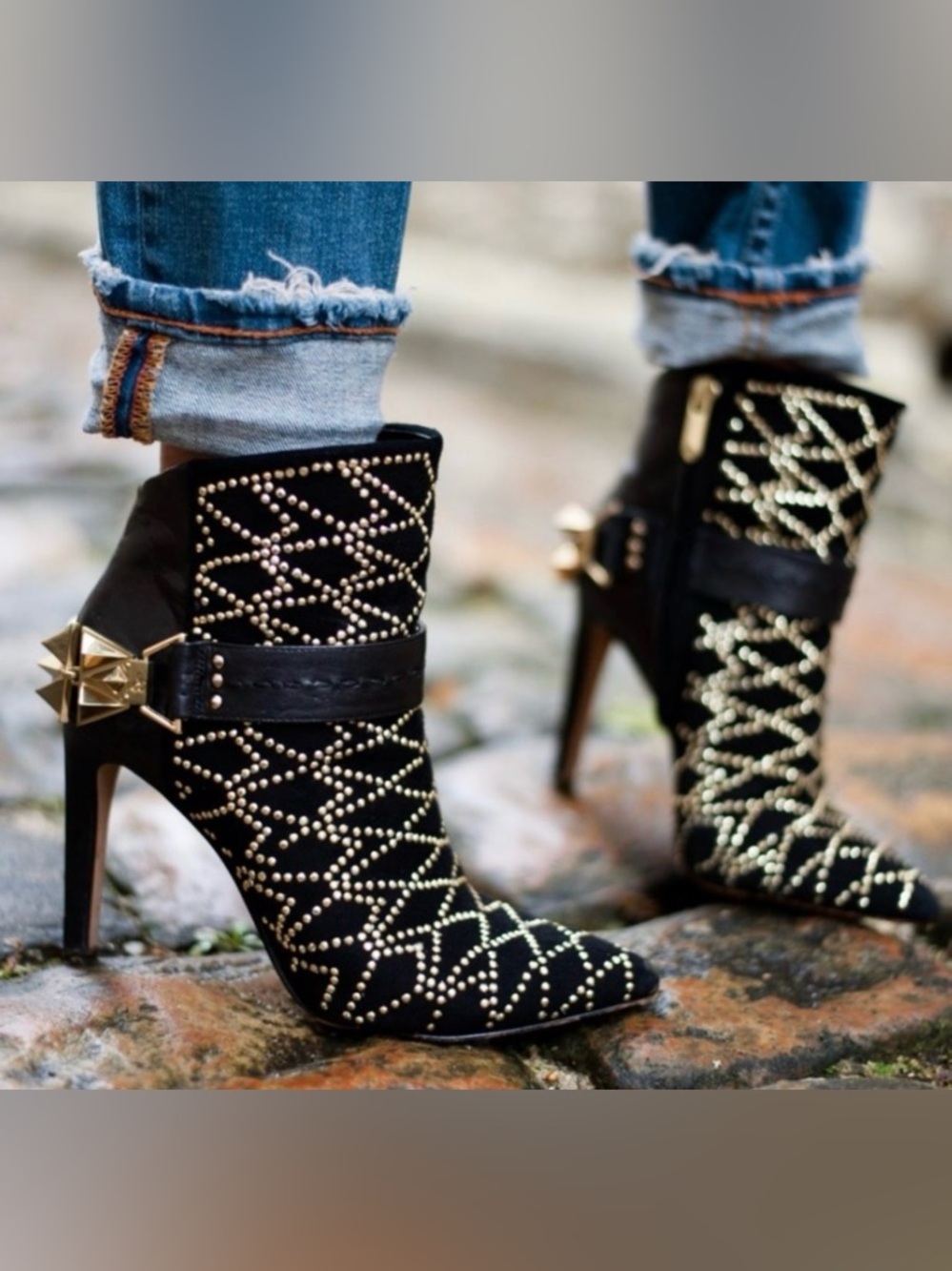 Sam Edelman Black & Gold Leather Studded Mila Booties